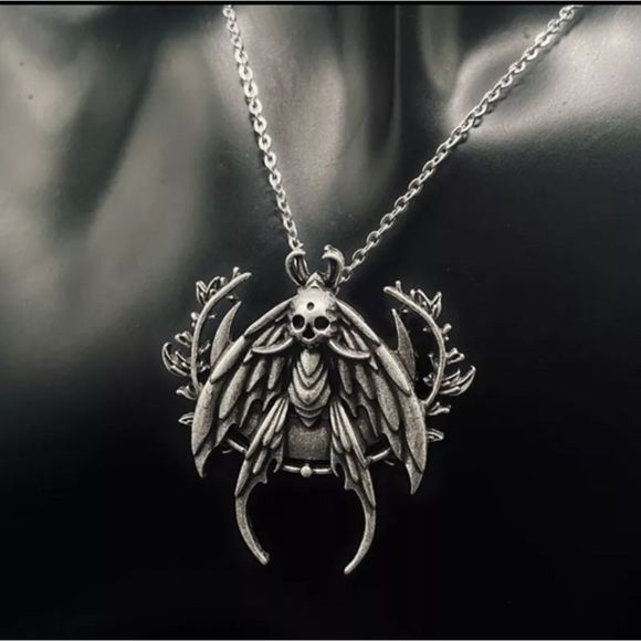 Silver titanium antiqued death Head moth moon goth punk necklace new - Picture 2 of 4